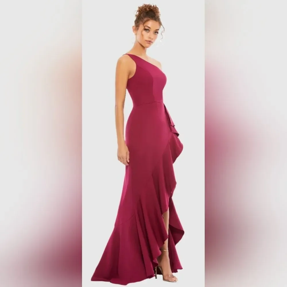 Mac Duggal 49089 One Shoulder High Slit Ruffle Gown NWT Size 4 In Berry